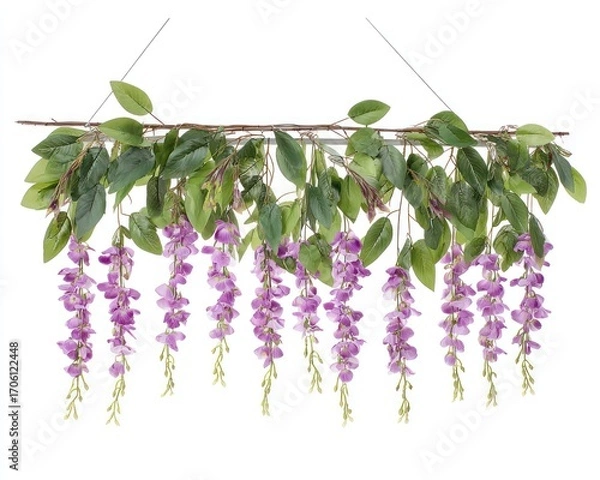 Fototapeta Blooming wisteria delicate violet blossoms cascade from verdant leaves and slender twigs against a plain white background, suspended from above