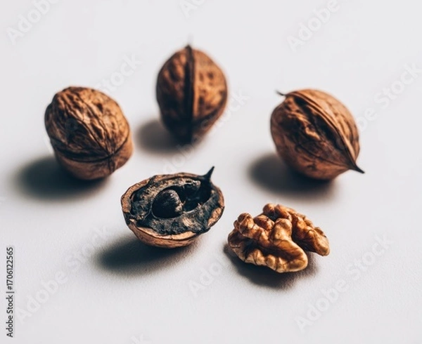 Fototapeta Five walnuts arranged on a plain surface, one split open to reveal the kernel. Lighting is bright, casting soft shadows