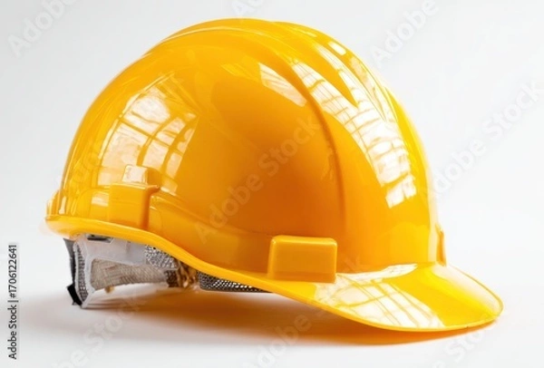 Fototapeta Bright yellow hard hat with a textured shell and adjustable chin strap sits against a stark white backdrop, casting a soft shadow below
