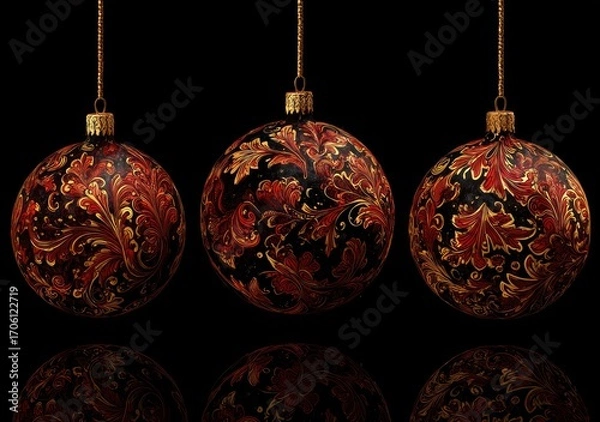 Fototapeta Three ornate, spherical Christmas ornaments hang against a black background, reflected in a polished surface, showcasing intricate gold & red floral patterns