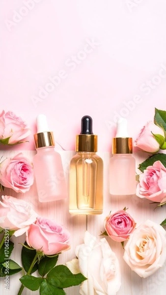Obraz Pink rose cosmetic bottles