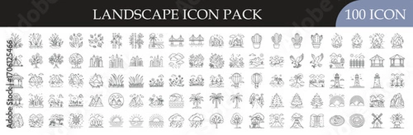 Obraz Landscape and Nature Outline Icon Set - Collection of 100 outline icons featuring trees, mountains, houses, gardens, and outdoor scenery elements for nature, travel, and environment themes.
