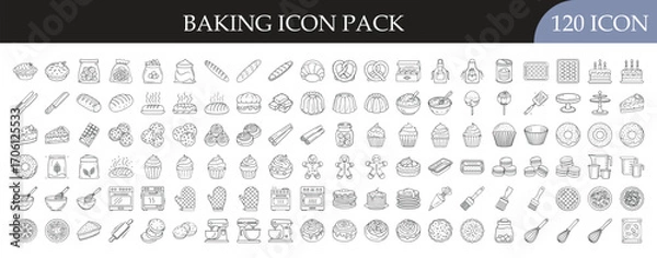 Fototapeta Baking and Pastry Tools Icon Set - Collection of 120 outline icons featuring bread, cakes, pastries, ingredients, and baking tools for cooking, desserts, and kitchen themes.
