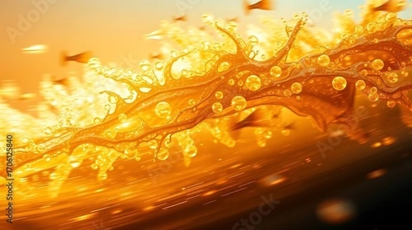 Fototapeta Golden Liquid Burst: Honey or Syrup Splashing in Motion, Abstract Macro Shot                                                                          