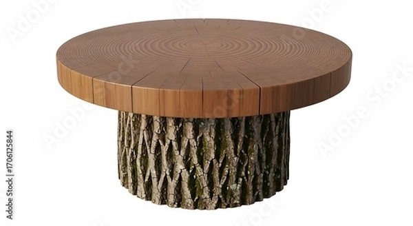Fototapeta Organic Modern Round Wood Coffee Table with Textured Bark Base, Isolated on White Background.