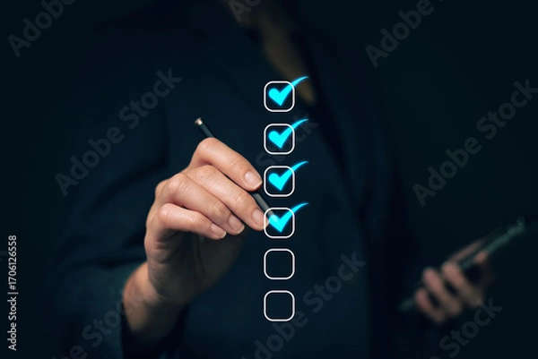 Fototapeta Reviewing and completing online survey forms document management system Assessment form, questionnaire, checklist and clipboard management Quality control..