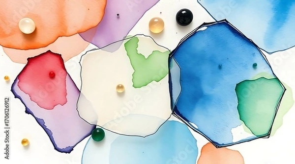 Fototapeta Watercolor Stains & Glass Beads: Abstract Painting with Vibrant Hues and Glass Orbs on Textured Paper, Close-Up Artistic Composition.                 