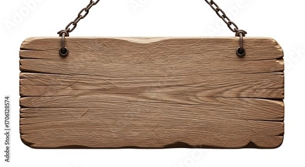 Fototapeta Rustic Weathered Wooden Signboard Hanging on Chains, Blank Space for Text.