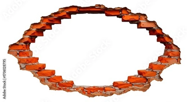 Fototapeta Smashed Red Brick Wall Forming a Jagged Oval Frame on a White Background.