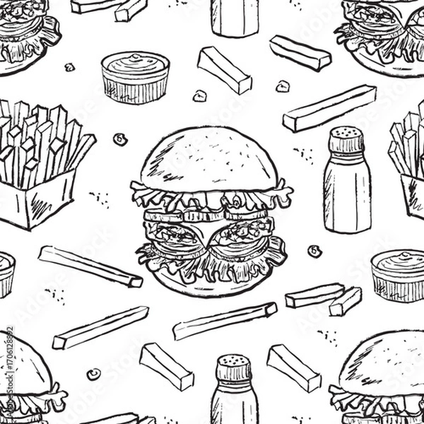 Fototapeta Hand drawn fast food seamless pattern. Tasty hamburger, french fries, salt, pepper and sauce. Vector sketch illustration in vintage crayon style. Menu design, restaurant, cafe