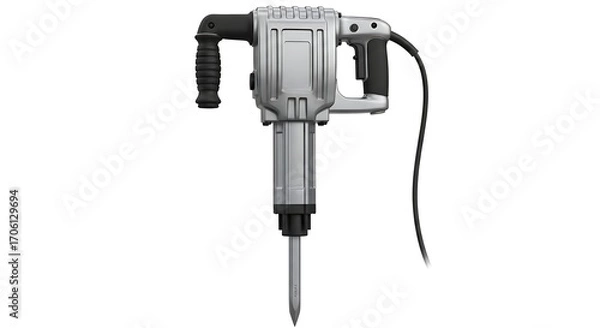 Fototapeta Powerful Silver Jackhammer Isolated on White Background, Construction Tool, Close-up Studio Shot.