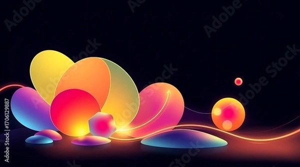 Fototapeta Vibrant Abstract Arrangement: Gradient Spheres and Geometric Shapes on Dark Background, Modern Illustration with Light Streaks.                       
