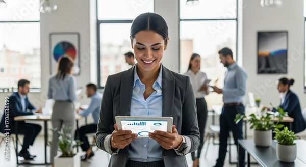 Obraz Busy executive CEO businesswoman professional holding digital tablet pc device for work in modern office workplace. Successful smiling latin hispanic young woman using pad computer for business app