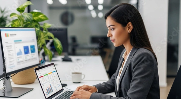 Obraz Dreaming mature eastern business woman working on laptop computer sitting in office looking smiling aside, copy space. Asian executive manager businesswoman finance analyst using pc at workplace