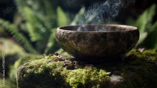 Fototapeta Natural incense bowl releasing smoke in a serene outdoor setting surrounded by green foliage