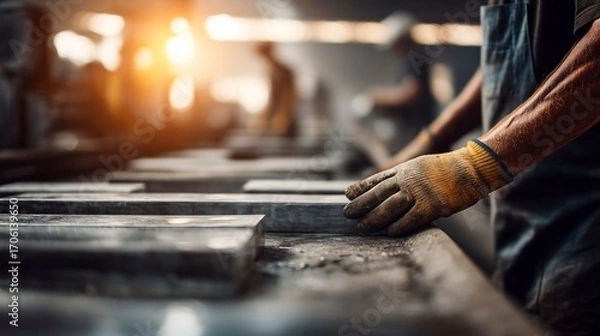 Fototapeta Skilled workers performing tasks in a bustling workshop during late afternoon hours