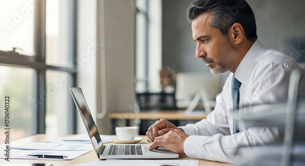 Obraz Focused senior businessman entrepreneur sitting at desk working on financial project, looking thinking at screen. Mature 50s Latin business man ceo manager using laptop computer in office. Copy space