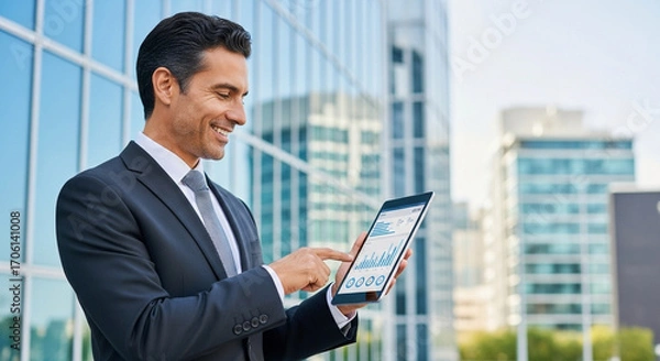 Obraz Focused successful mature Indian or Latin entrepreneur businessman holding digital pc tablet standing outdoor at business office building. Hispanic smiling man in suit working using touchpad computer