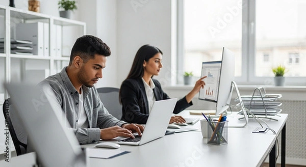 Obraz Focused young professional it specialist latin hispanic business working on laptop pc sitting at desk in modern office. Middle eastern indian woman using computer technology app for work. Copy space