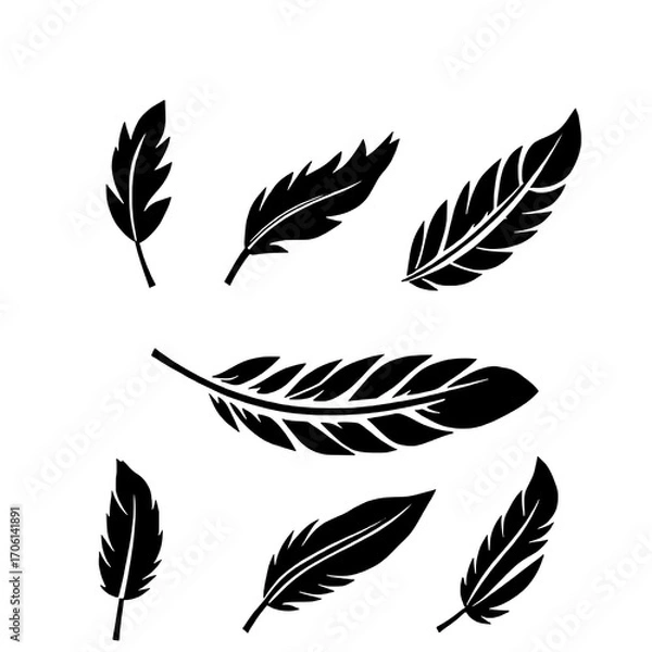 Fototapeta Eight Stylized Black Feathers: A Collection of Vector-Style Feather Icons on White Background