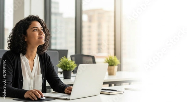 Obraz Latin business woman accountant holding documents, working at laptop pc computer doing online tax invoice, financial report. Focused Hispanic businesswoman manager specialist with paperwork in office