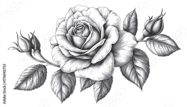 Fototapeta Stunning Monochrome Black And White Rose On White Background: Hand-Drawn Contour And Details Of A Elegant Flower. Classic And Timeless Design.