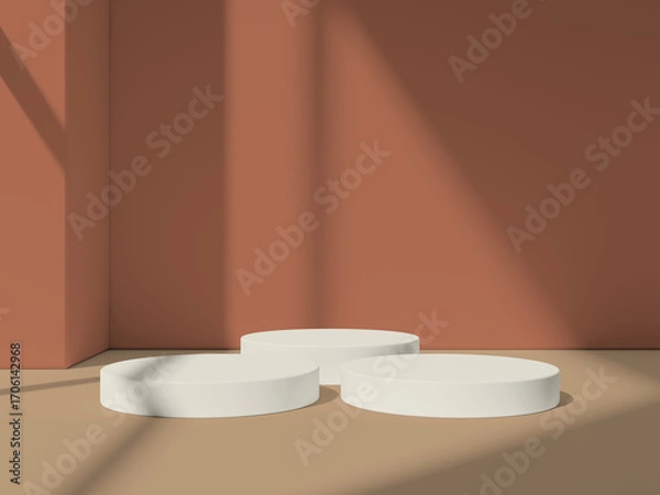 Fototapeta Three white podiums in an earthy-toned space, ideal for product placement in modern settings.