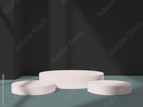 Fototapeta Three white podiums with gentle lighting and shadows, perfect for showcasing products.
