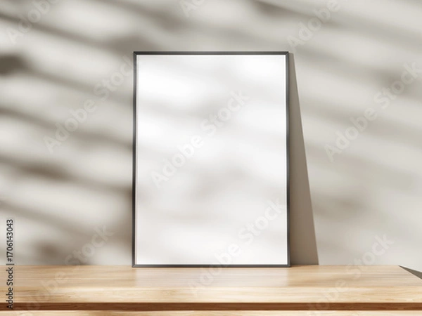 Fototapeta Elegant frame mockup on wooden table with window shadow and soft light.