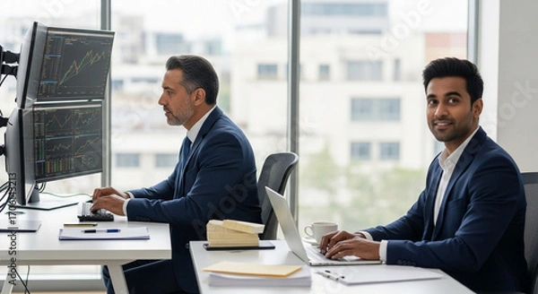 Obraz Middle age latin male entrepreneur businessman working on financial sale work at desk in office. Mature indian business man in suit using pc laptop for trading, looking smiling, dreaming at copy space