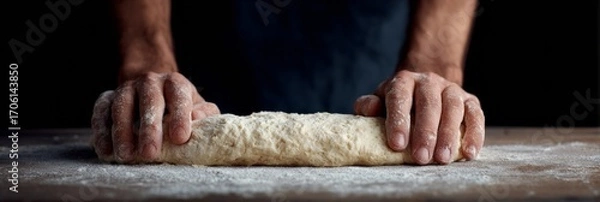 Fototapeta Rustic hands knead dough with flour dust clouds, invoking Lammas baking rituals and Slow Food Movement craftsmanship