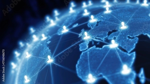 Fototapeta Digital world map with glowing social network connections global business and technology concept.