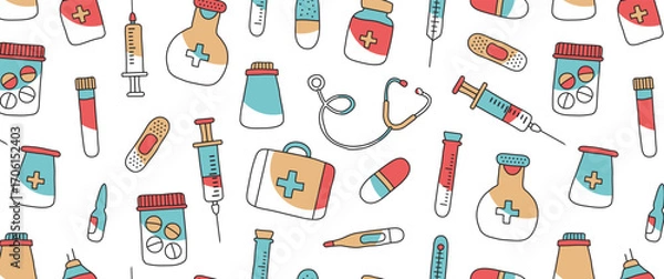 Fototapeta Medicine doodle seamless pattern, medical print. Modern hand drawn first aid kit, syringe, stethoscope, vial, pills, vaccine on white background. Healthcare simple bg. Vector illustration