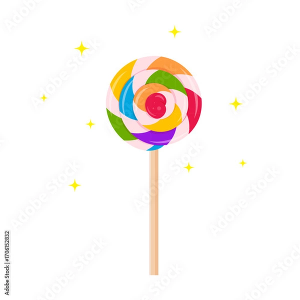 Fototapeta Multicolored lollipop on wooden stick vector illustration. Rainbow caramel twisted candy on white background.