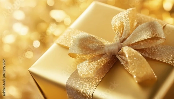 Fototapeta Shiny Gold Present Box Tied With A Glittering Gold Ribbon, Luxurious Package For Special Occasions And Celebrations, Elegant Gesture.