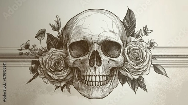 Fototapeta Human skull surrounded by roses and spring flowers on a white background. Human skull among flowers hand drawn in an engraved style. Vector illustration.