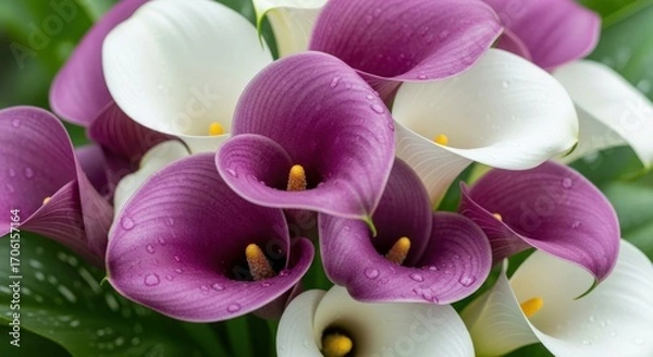 Fototapeta A vibrant bouquet of purple and white calla lilies, showcasing their elegant curves and velvety texture in a natural setting