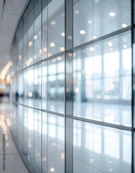 Fototapeta Abstract Glass Panel Reflection With White Bokeh Lights In Modern Commercial Interior