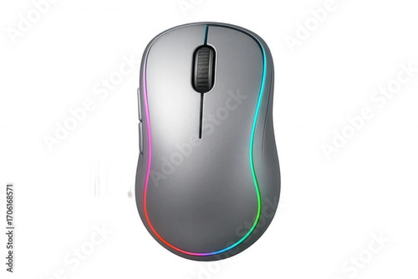 Fototapeta Silver wireless gaming mouse with colorful rgb lighting isolated on a transparent background, perfect for gamers and designers