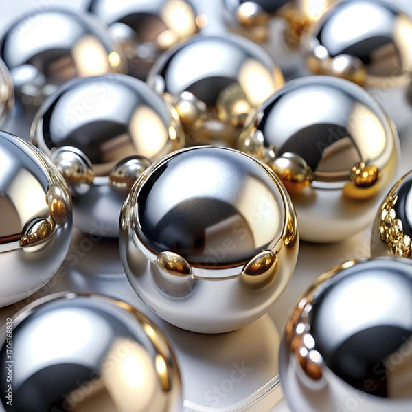 Fototapeta Closeup of shiny chrome christmas baubles reflecting light and each other, creating a festive and luxurious holiday feel