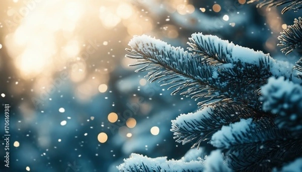 Fototapeta Close-Up View Of Stunning Winter Coniferous Forest Blanketed In Frost And Snow. Captivating Nature Scene With Snowy Pine Tree Branches. Perfect Winter Christmas Wallpaper.