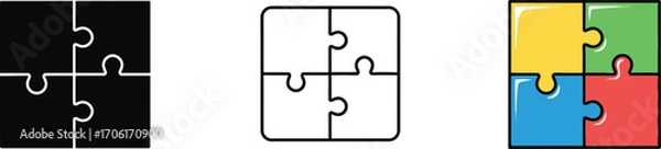 Obraz Three puzzle icons, Four piece jigsaw, Solid black, Outline, Multicolor pieces