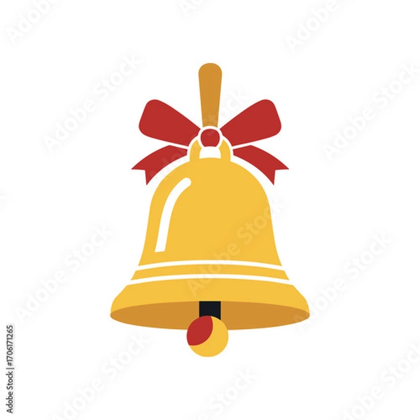 Fototapeta Vibrant golden bell with red bow, symbolizing celebration, set against a plain white background