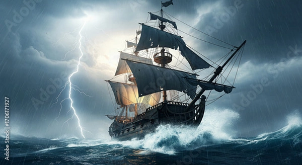 Obraz An epic illustration of a tall ship with tattered sails caught in a dramatic lightning storm
