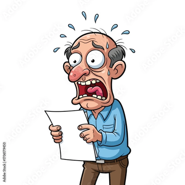 Fototapeta Cartoon man looking at a document with a scared expression isolated on white background