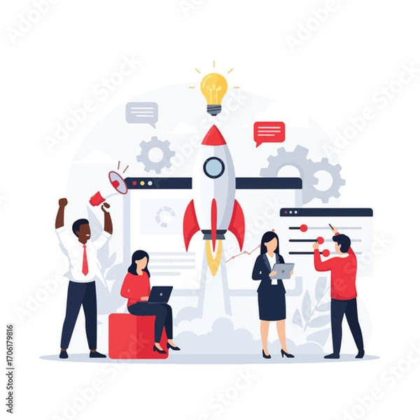 Fototapeta Startup team launching a rocket isolated on white background