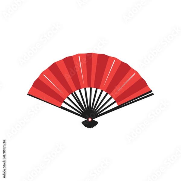 Fototapeta A vibrant red folding fan with a black handle, set against a clean white background, ideal for cultural events