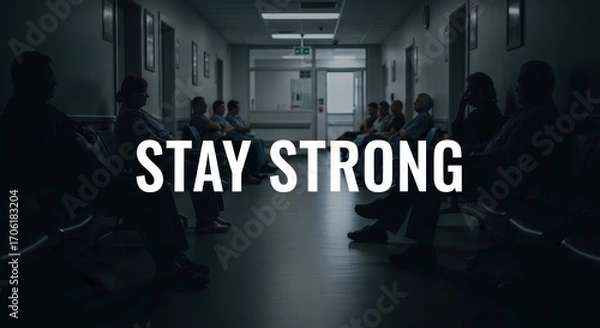Obraz Hospital Waiting Room with People and "Stay Strong" Message, Dark and Moody