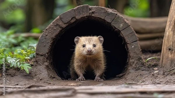 Fototapeta Small mammal peeks from log tunnel