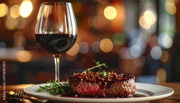 Fototapeta a cooked steak on a plate with a glass of red wine. The steak is garnished with herbs and sits on a white plate